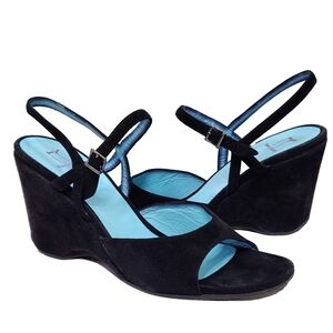 THIERRY RABOTIN Suede Wedge Pumps Sz 40.5/9.5-10 US Black Sandals Ankle Strap